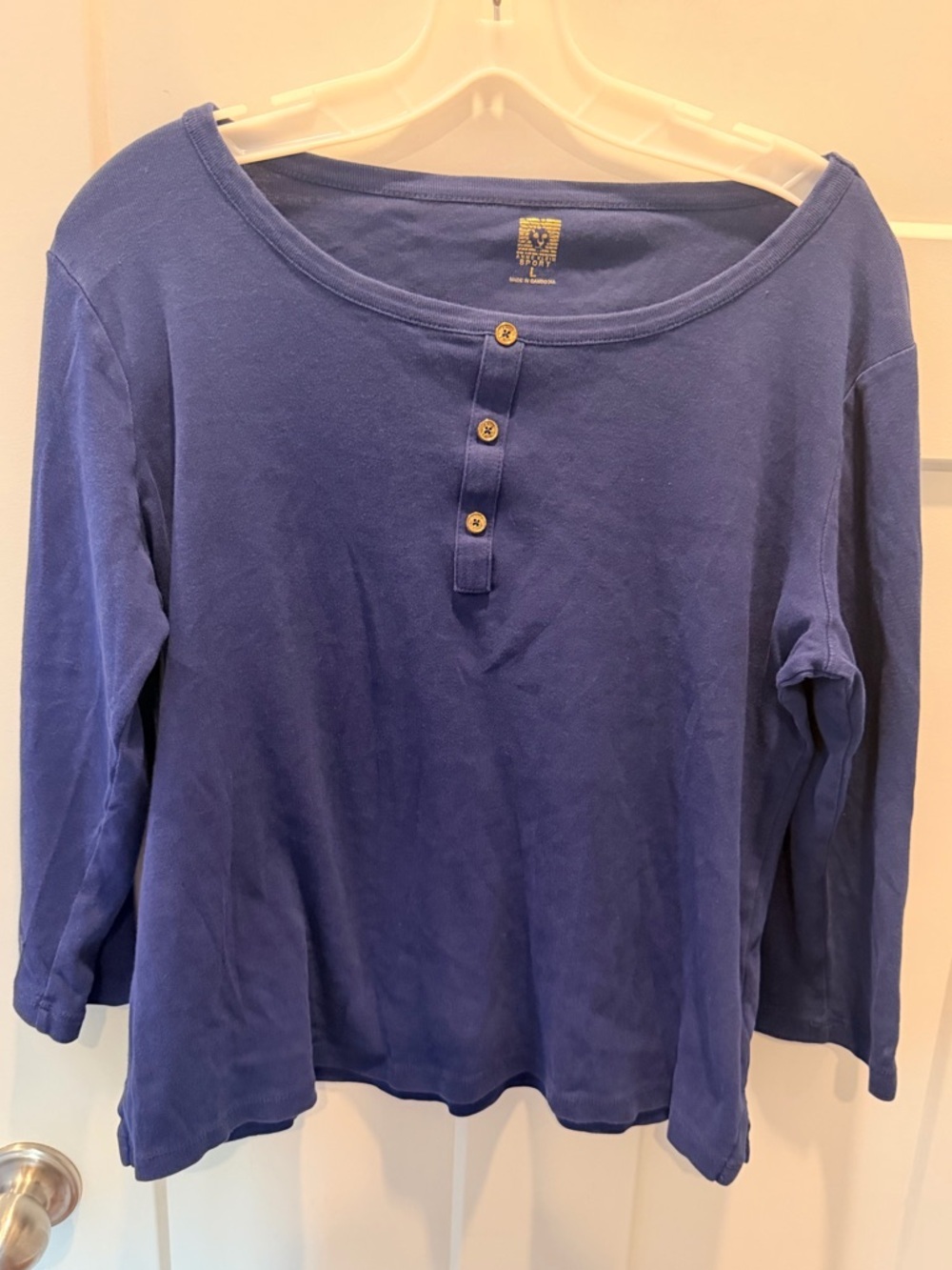 Anne Klein Sport Women Large Blue Henley Long Sleeve Casual Basic Top